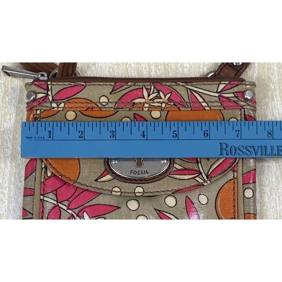 Fossil Key Per Crossbody Bag Coated Canvas Floral Orange Pink Tan VTG Y2K Boho - Picture 8 of 8